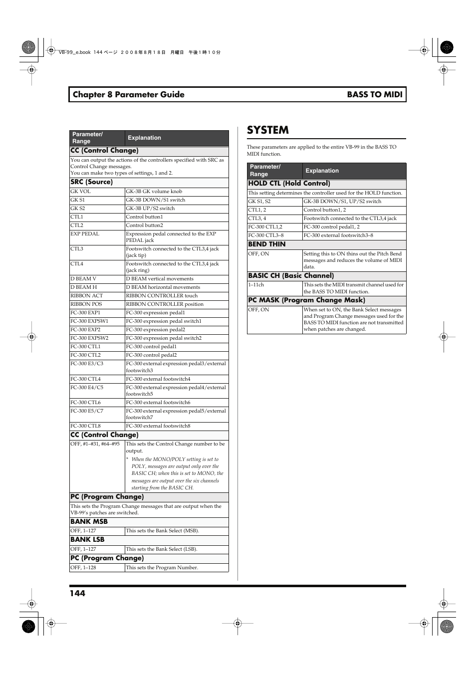 System, 144 chapter 8 parameter guide bass to midi | Roland V-Bass VB-99 User Manual | Page 144 / 184