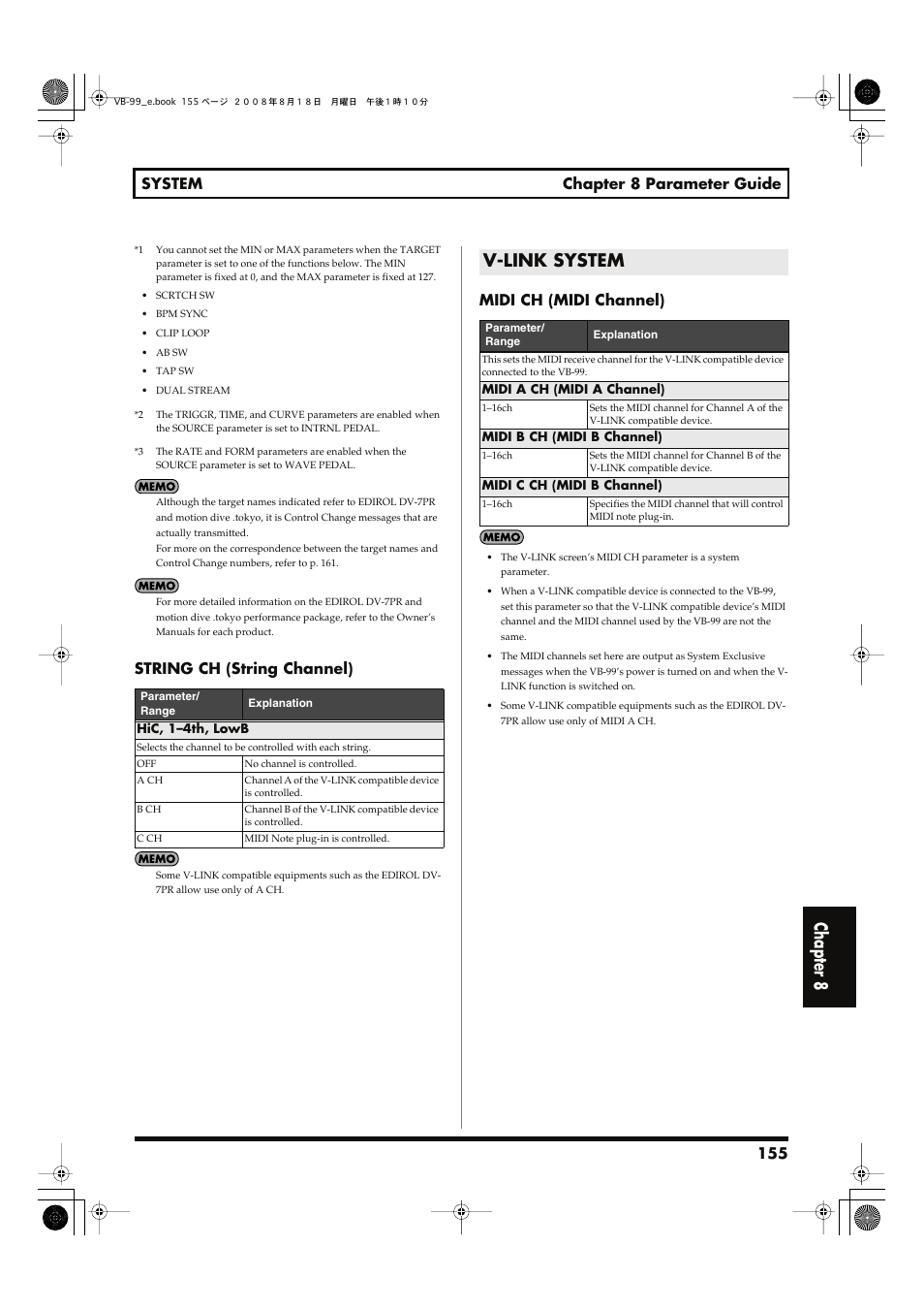 V-link system, Chapter 8, 155 system chapter 8 parameter guide | String ch (string channel), Midi ch (midi channel) | Roland V-Bass VB-99 User Manual | Page 155 / 184