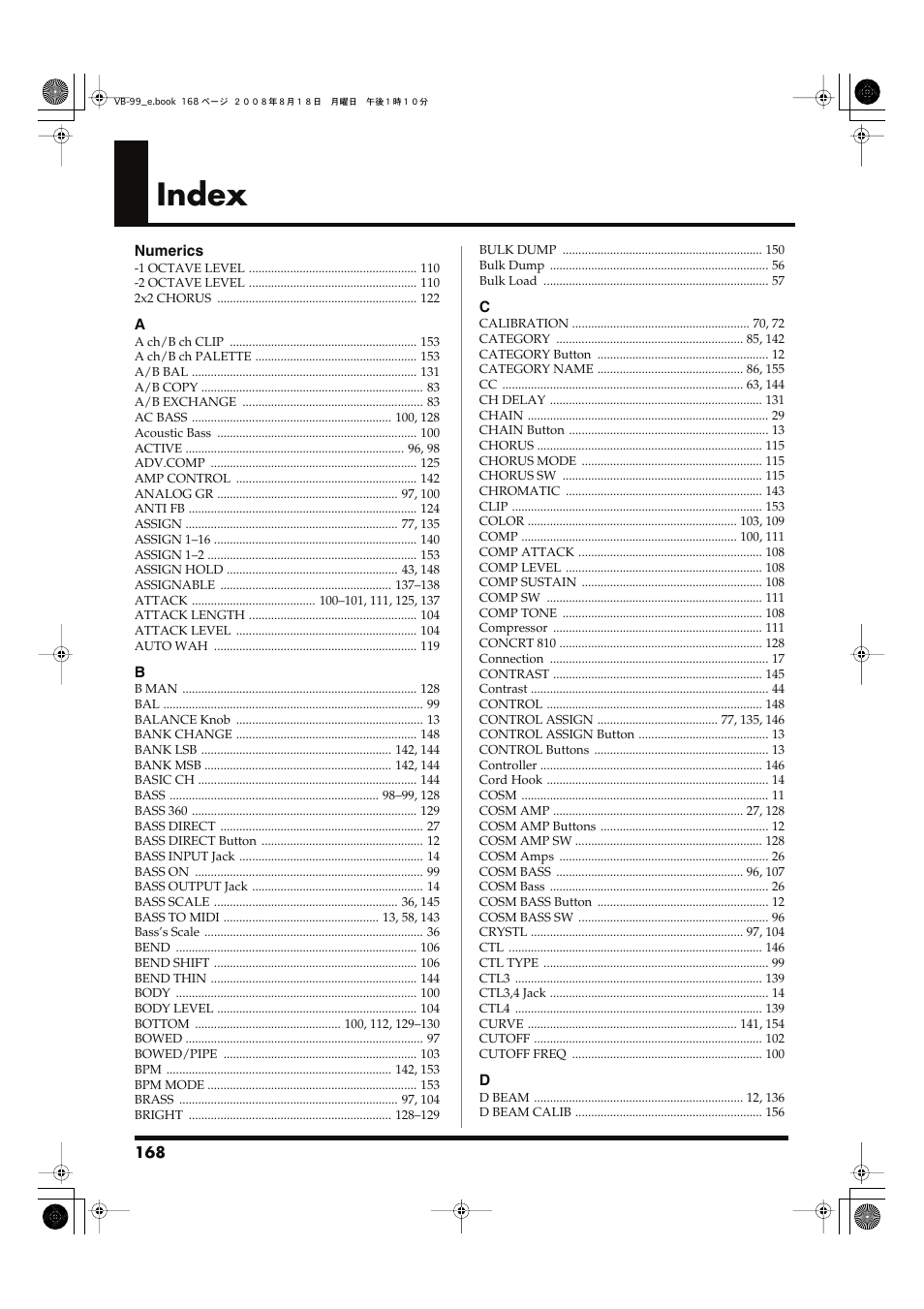 Index | Roland V-Bass VB-99 User Manual | Page 168 / 184