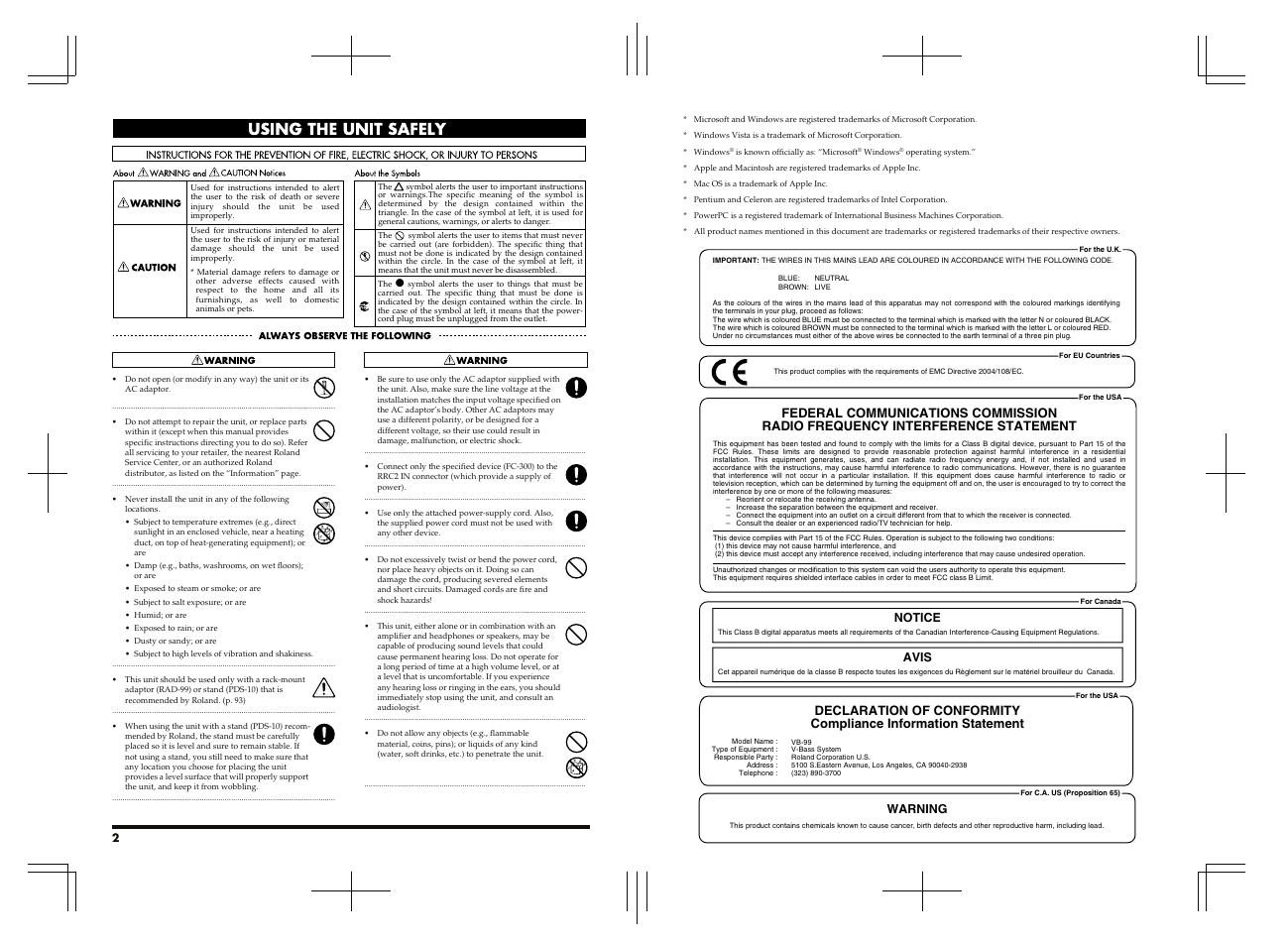 Notice avis, Warning | Roland V-Bass VB-99 User Manual | Page 183 / 184