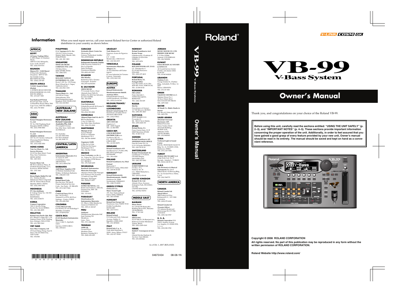 Owner’s manual, Information | Roland V-Bass VB-99 User Manual | Page 184 / 184