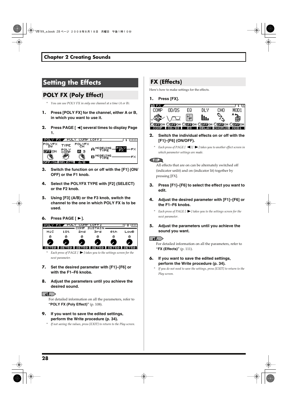 Setting the effects, Poly fx (poly effect), Fx (effects) | Poly fx (poly effect) fx (effects), These set the poly effects. (p. 28), These set the effects. (p. 28) | Roland V-Bass VB-99 User Manual | Page 28 / 184