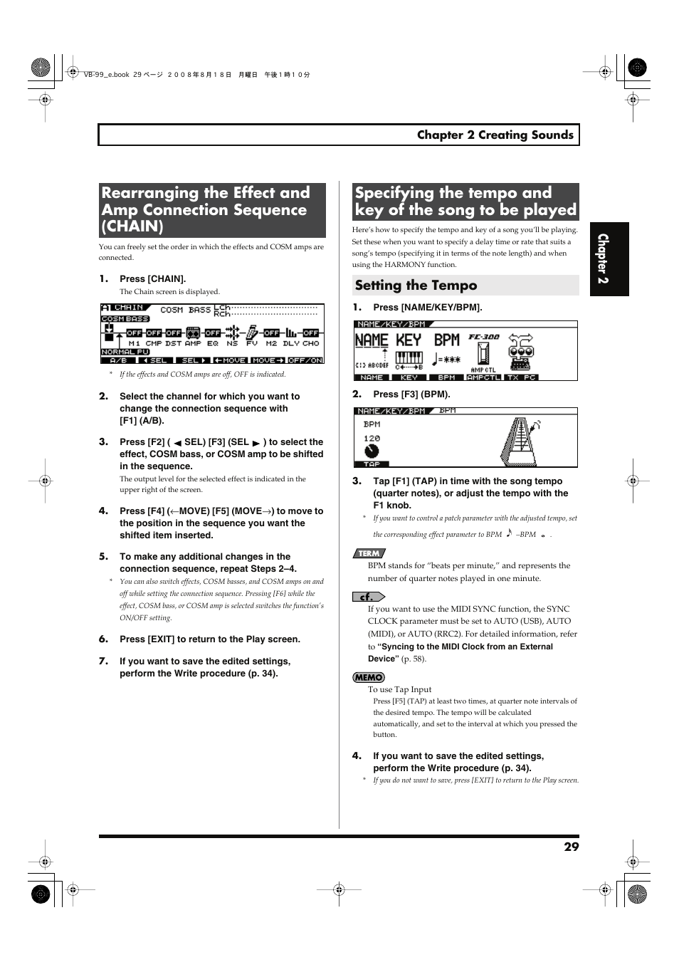 Setting the tempo, 29) for songs to be played, Chapter 2 | Roland V-Bass VB-99 User Manual | Page 29 / 184