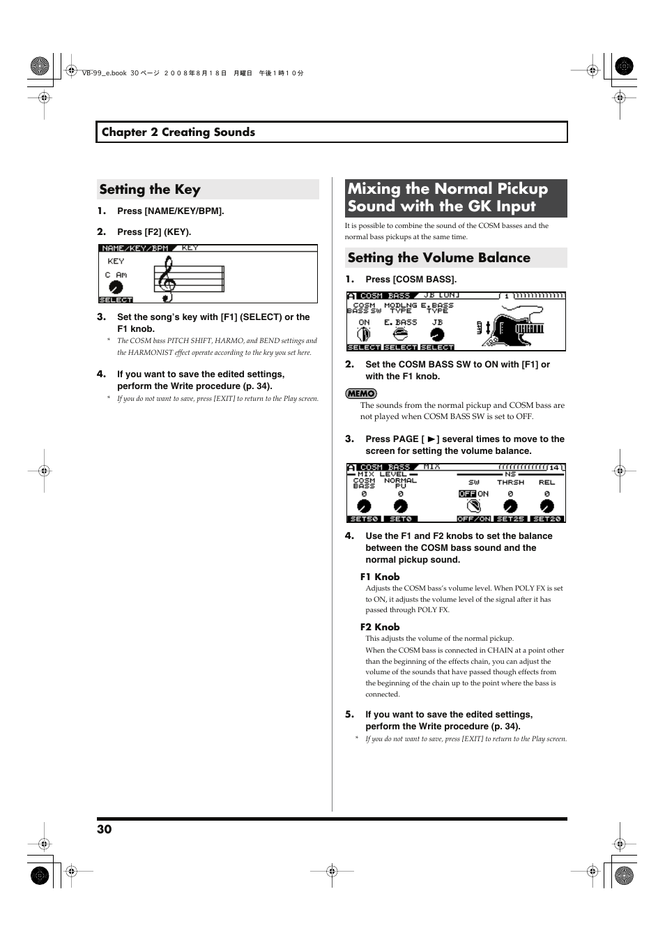 Setting the key, Mixing the normal pickup sound with the gk input, Setting the volume balance | Roland V-Bass VB-99 User Manual | Page 30 / 184
