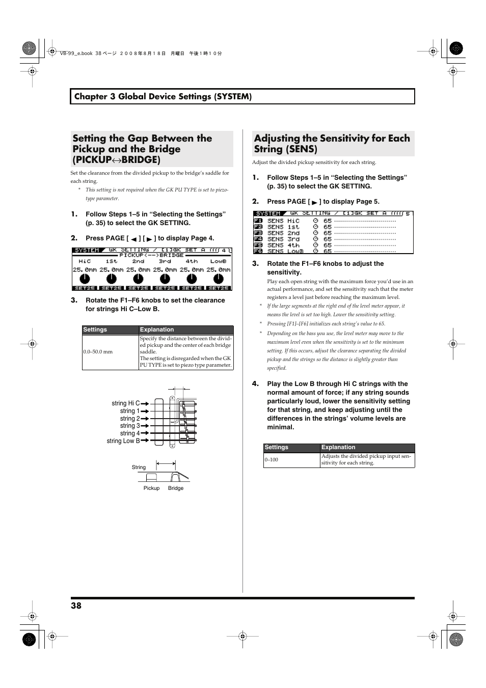 Adjusting the sensitivity for each string (sens) | Roland V-Bass VB-99 User Manual | Page 38 / 184