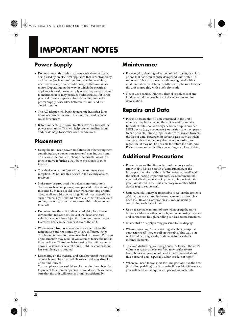 Important notes, Power supply, Placement | Maintenance, Repairs and data, Additional precautions | Roland V-Bass VB-99 User Manual | Page 4 / 184