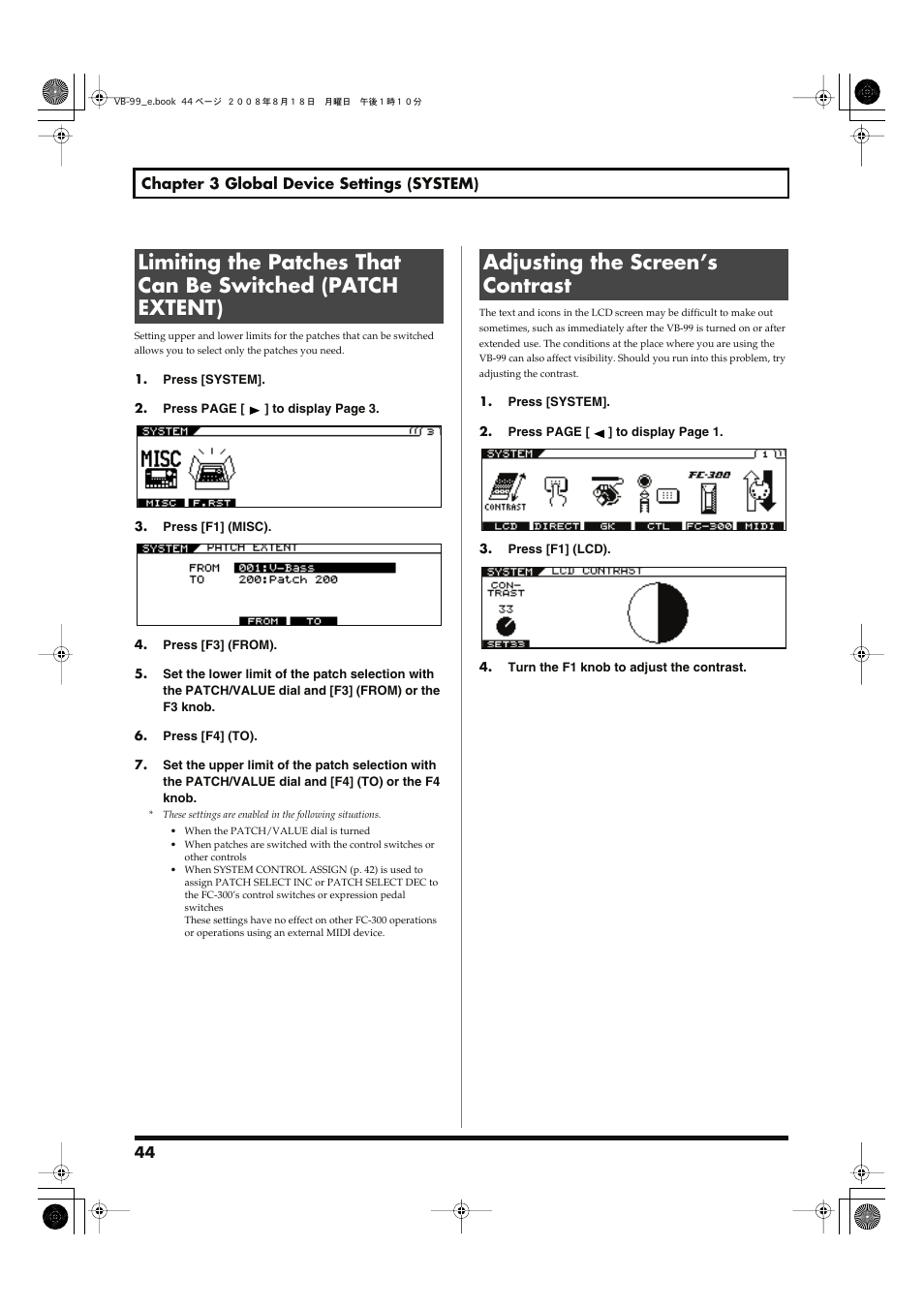 Adjusting the screen’s contrast | Roland V-Bass VB-99 User Manual | Page 44 / 184