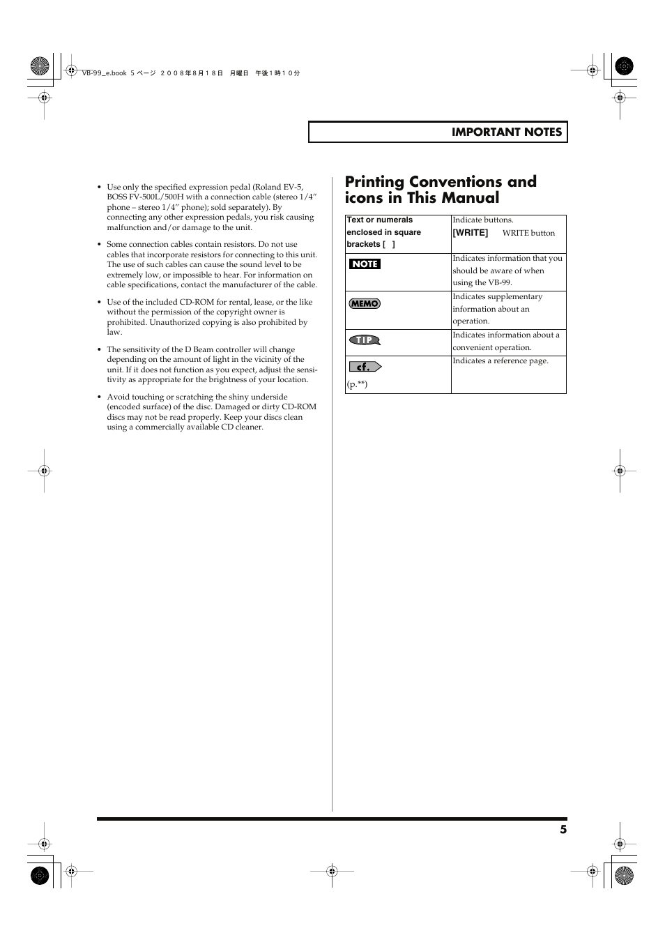 Printing conventions and icons in this manual | Roland V-Bass VB-99 User Manual | Page 5 / 184