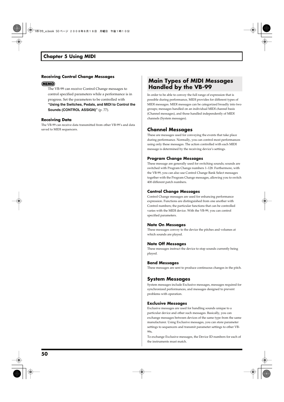 Main types of midi messages handled by the vb-99 | Roland V-Bass VB-99 User Manual | Page 50 / 184