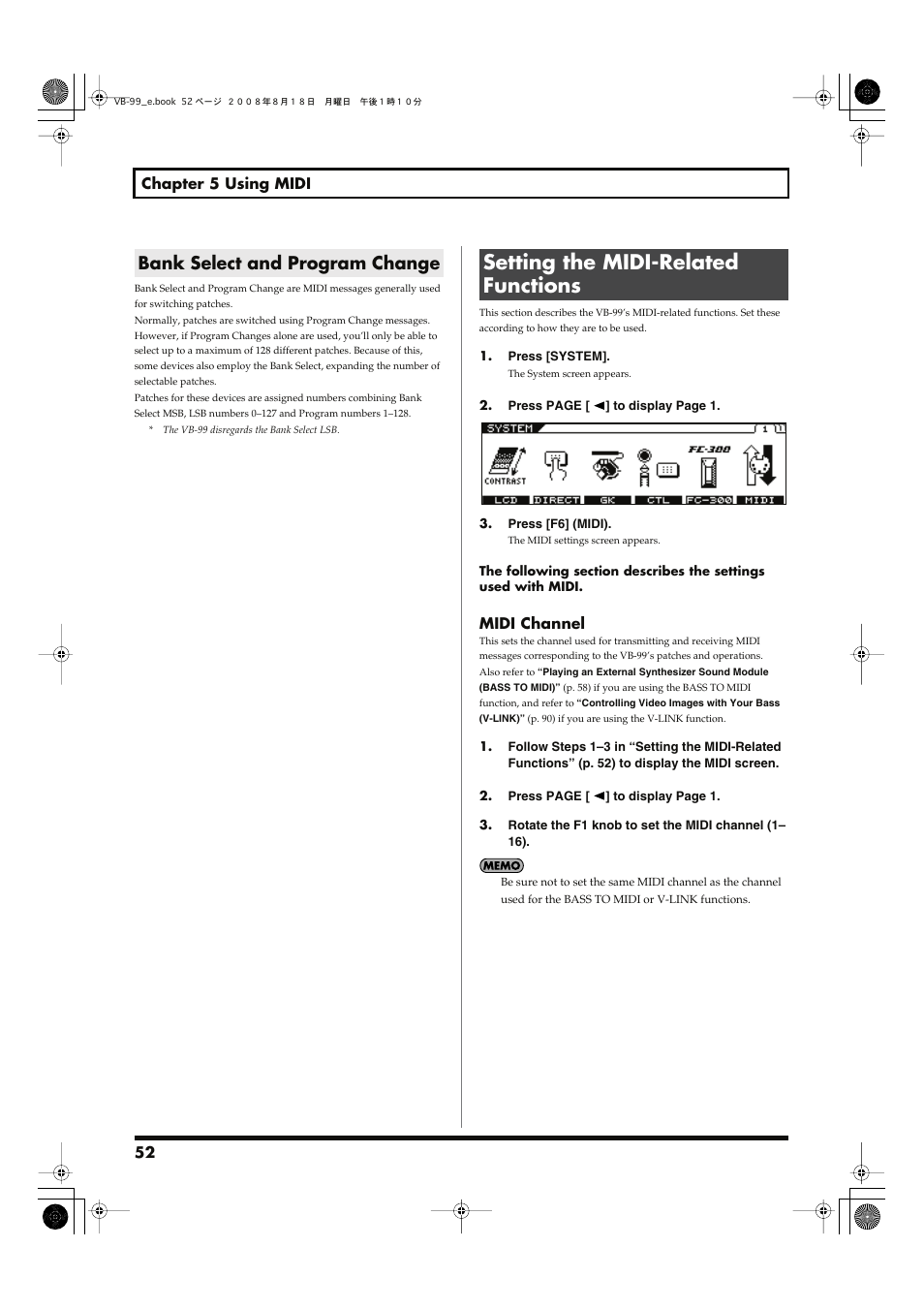 Bank select and program change, Setting the midi-related functions, Midi messages to and from the device. (p. 52) | Roland V-Bass VB-99 User Manual | Page 52 / 184