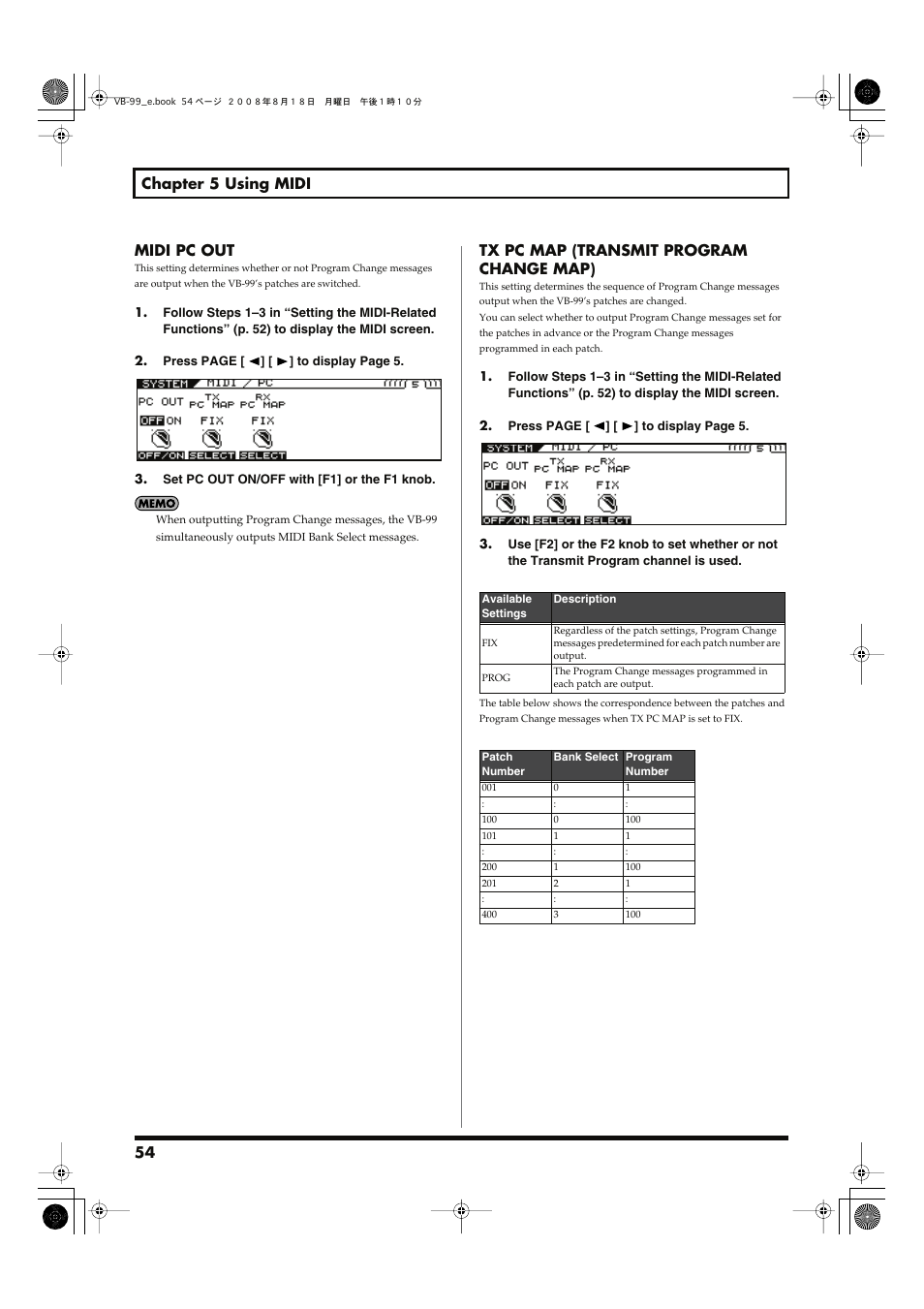 54 chapter 5 using midi midi pc out, Tx pc map (transmit program change map) | Roland V-Bass VB-99 User Manual | Page 54 / 184