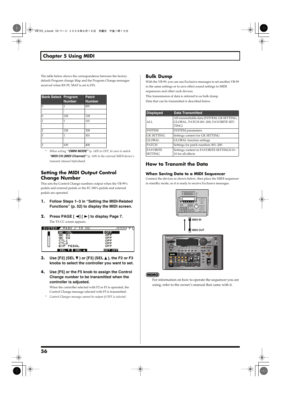 56 chapter 5 using midi, Setting the midi output control change number, Bulk dump | How to transmit the data | Roland V-Bass VB-99 User Manual | Page 56 / 184