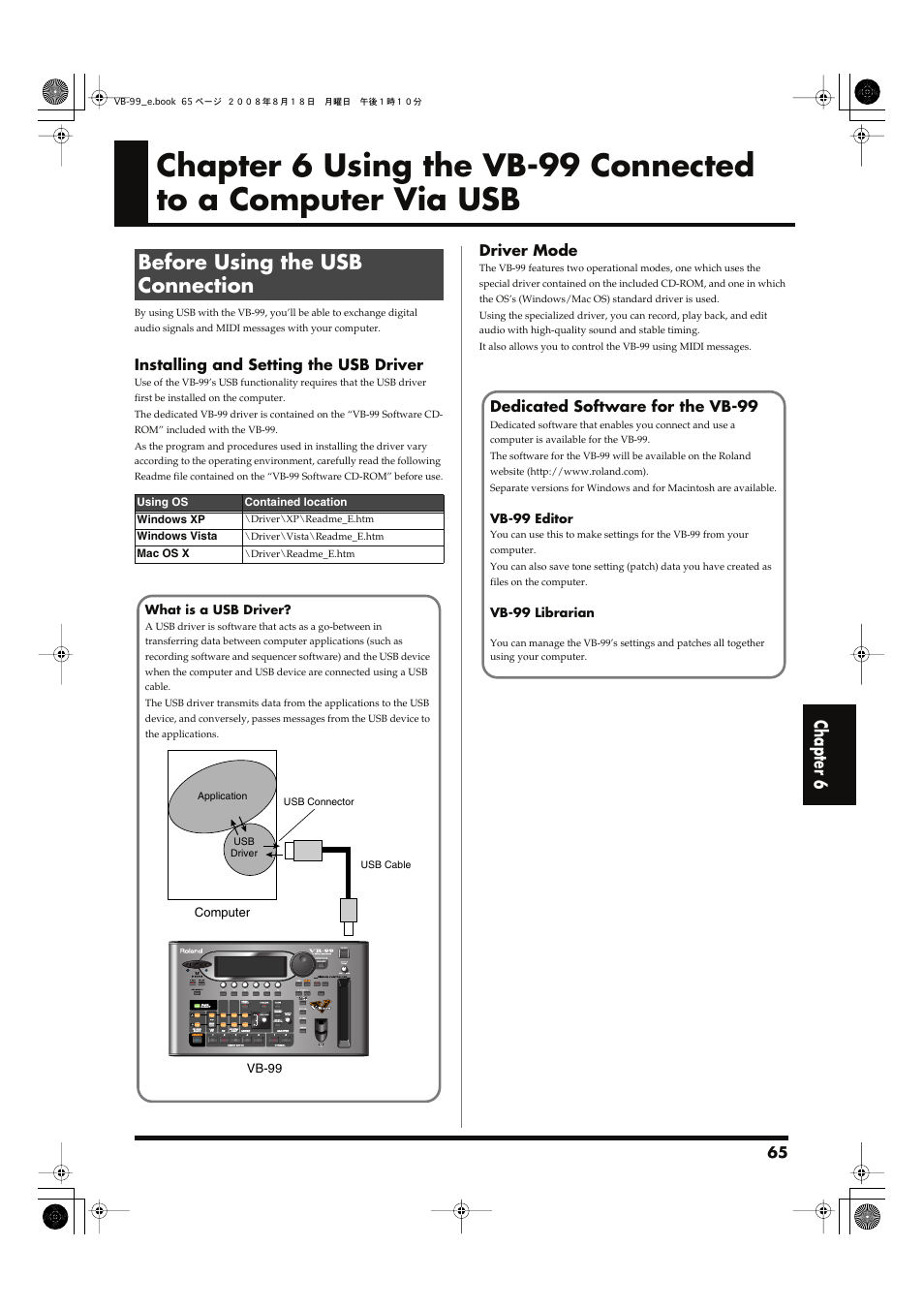 Before using the usb connection, P. 65), Chapter 6 | Roland V-Bass VB-99 User Manual | Page 65 / 184