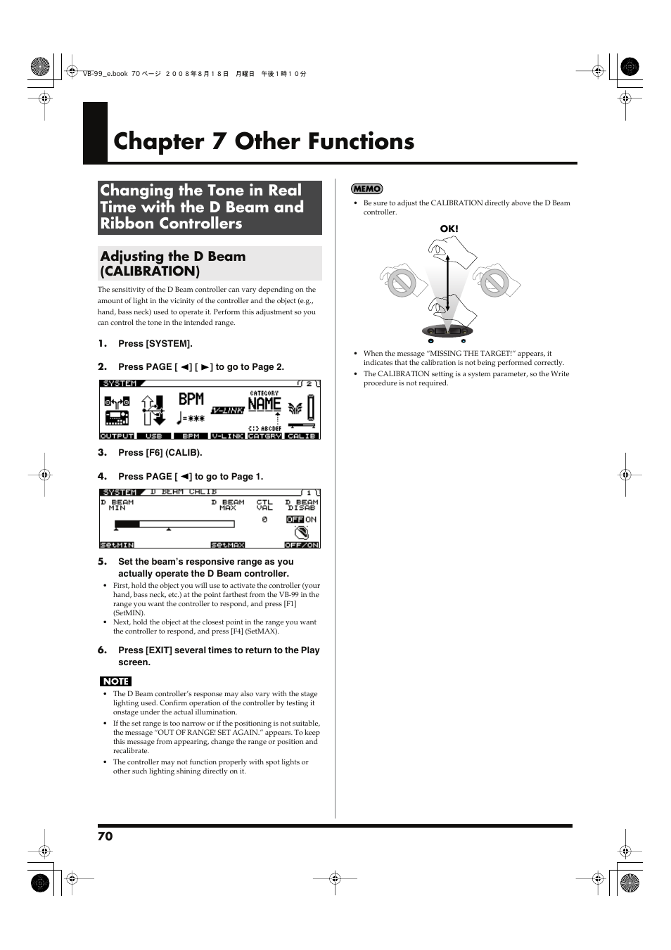 Chapter 7 other functions, Adjusting the d beam (calibration) | Roland V-Bass VB-99 User Manual | Page 70 / 184