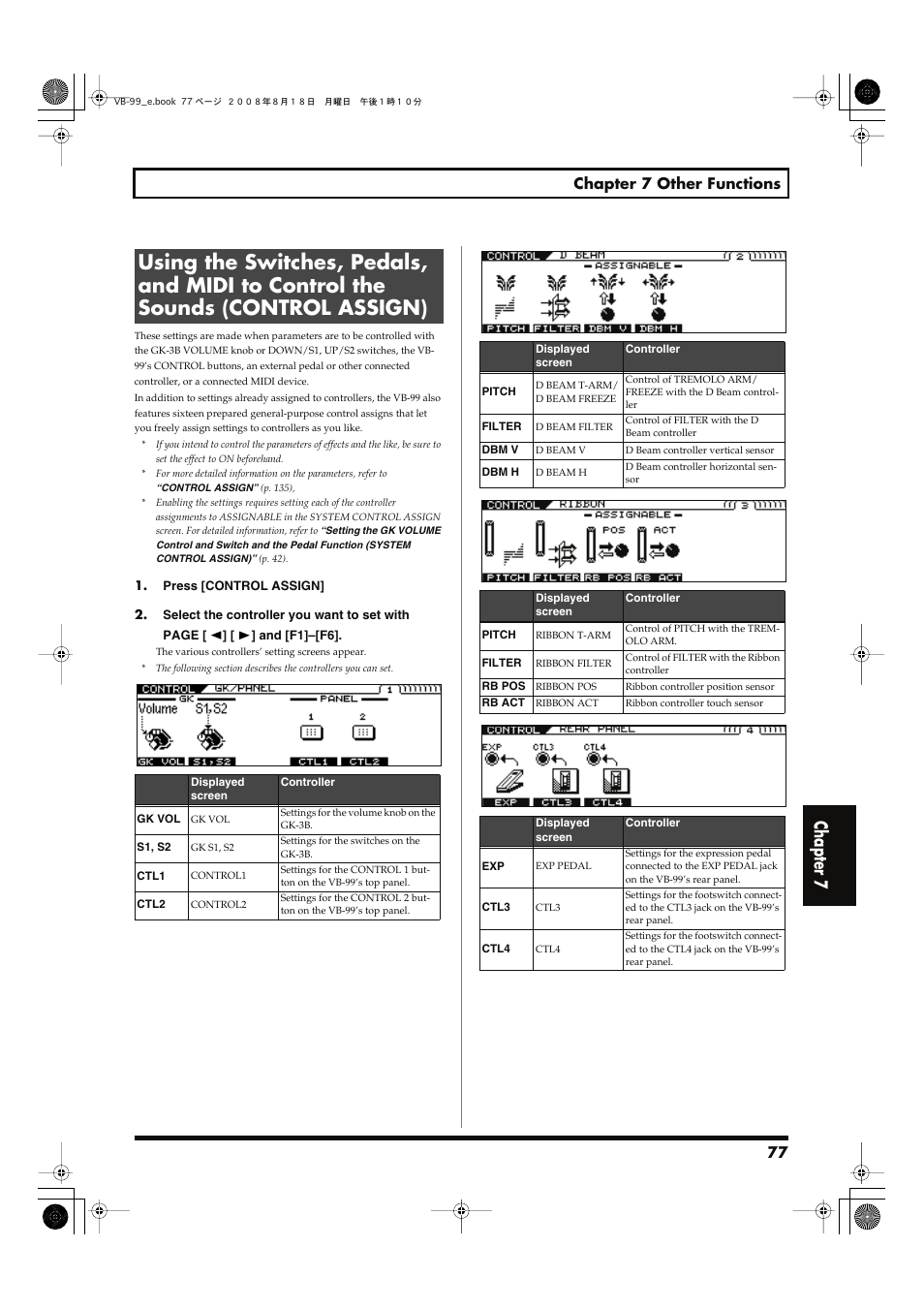 With these buttons. (p. 77), Sounds (control assign), P. 77) | Using the switches, pedals, and midi to, Control the sounds (control assign), Read, Using, Control assign), Chapter 7, 77 chapter 7 other functions | Roland V-Bass VB-99 User Manual | Page 77 / 184