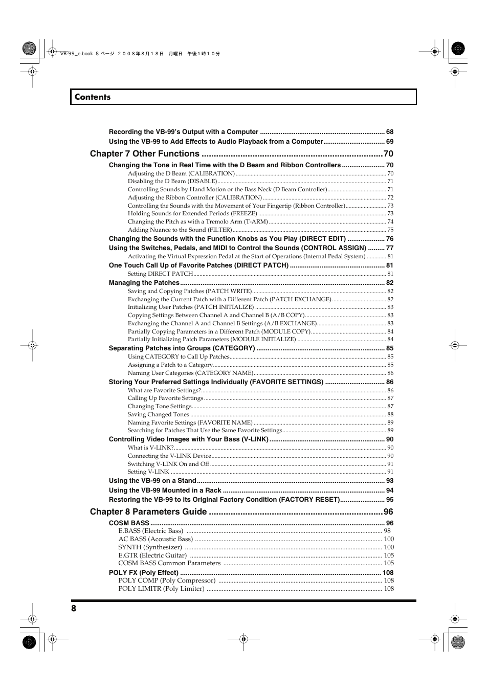 Chapter 7 other functions, Chapter 8 parameters guide | Roland V-Bass VB-99 User Manual | Page 8 / 184