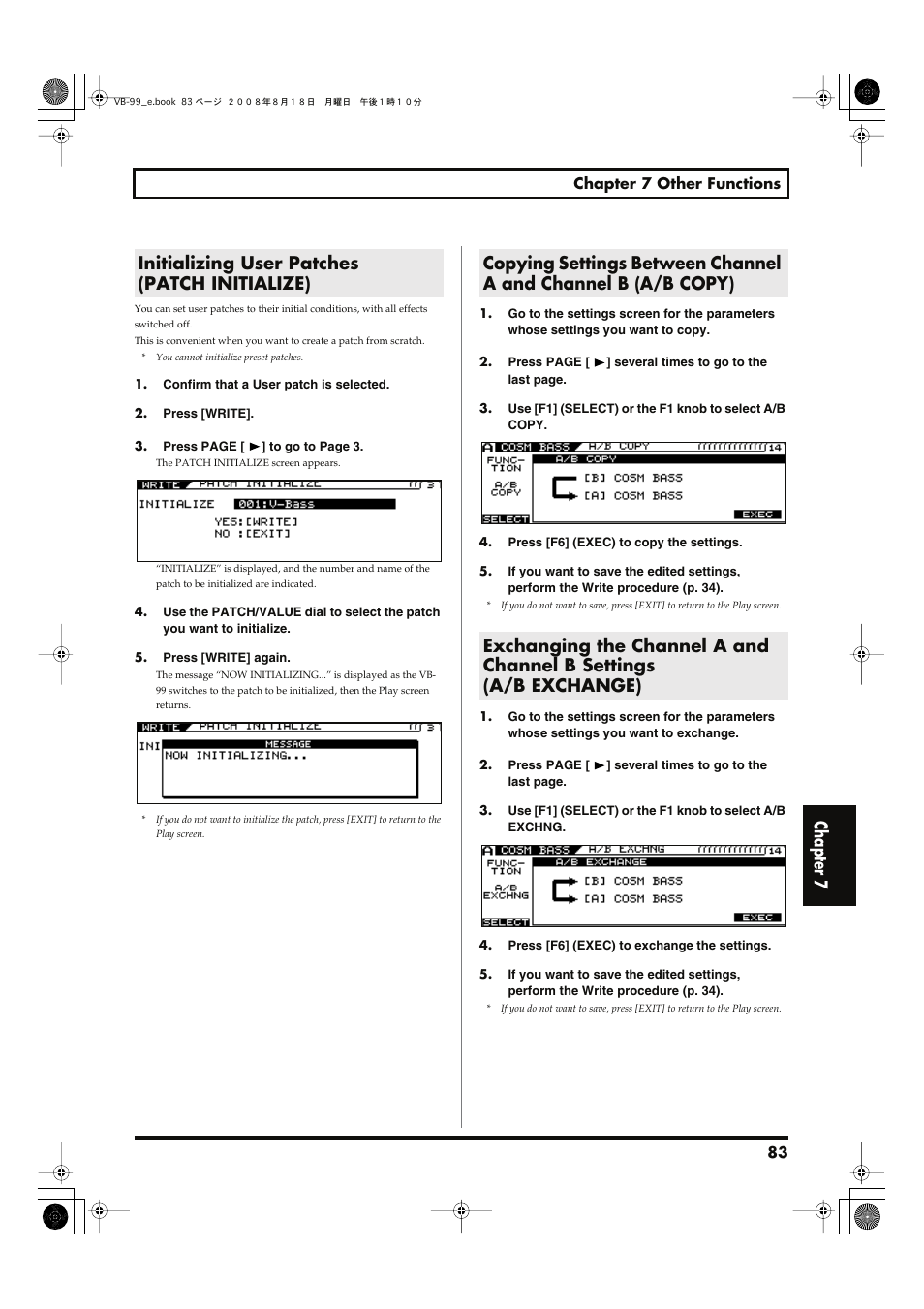 Initializing user patches (patch initialize), Chapter 7 | Roland V-Bass VB-99 User Manual | Page 83 / 184