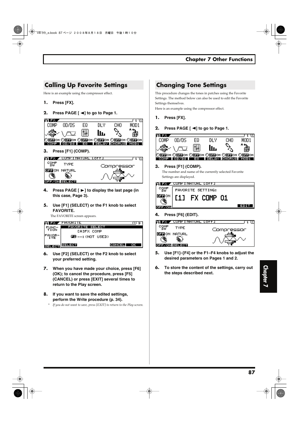 Calling up favorite settings, Changing tone settings, Chapter 7 | Roland V-Bass VB-99 User Manual | Page 87 / 184