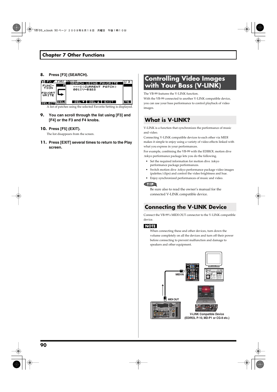 Controlling video images with your bass (v-link), What is v-link, Connecting the v-link device | What is v-link? connecting the v-link device, Function, and refer to, Controlling video images with your bass, V-link), P. 90) if you are using the v-link function | Roland V-Bass VB-99 User Manual | Page 90 / 184