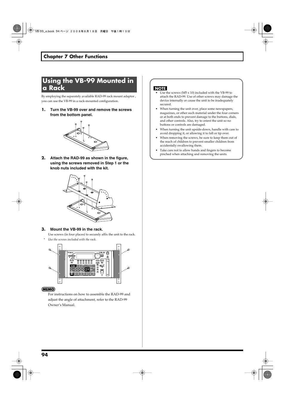 Using the vb-99 mounted in a rack | Roland V-Bass VB-99 User Manual | Page 94 / 184