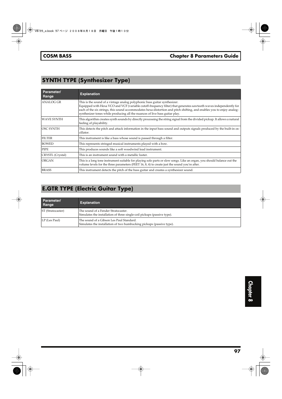 Chapter 8 synth type (synthesizer type), E.gtr type (electric guitar type) | Roland V-Bass VB-99 User Manual | Page 97 / 184