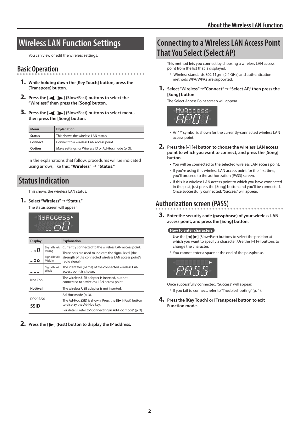 Ibed in “connecting to a wireless lan, Access point that you select (select ap)” (p. 2), Wireless lan function settings | Status indication, Basic operation, Authorization screen (pass), About the wireless lan function | Roland Ronald Wireless DP90S User Manual | Page 2 / 4