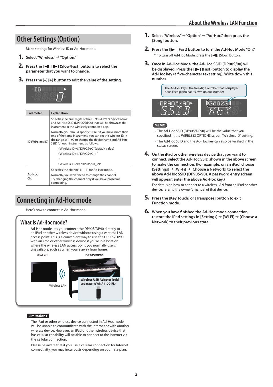 D-hoc mode (p. 3), O “connecting in ad-hoc mode” (p. 3), Other settings (option) | Connecting in ad-hoc mode, About the wireless lan function, What is ad-hoc mode | Roland Ronald Wireless DP90S User Manual | Page 3 / 4