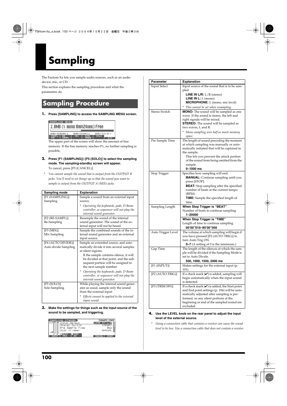 Sampling, Sampling procedure, View the sampling menu screen (p. 100) | Select (p. 100) to “microphone | Roland Fantom-Xa User Manual | Page 100 / 264