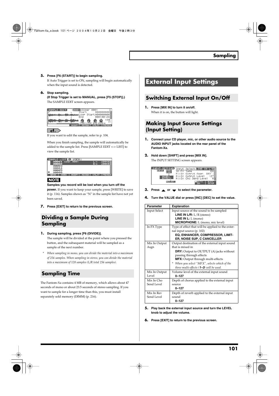 Dividing a sample during sampling, Sampling time, External input settings | Switching external input on/off, Making input source settings (input setting), Switches the external input on/off (p. 101), Dividing a sample during sampling sampling time, 101 sampling | Roland Fantom-Xa User Manual | Page 101 / 264