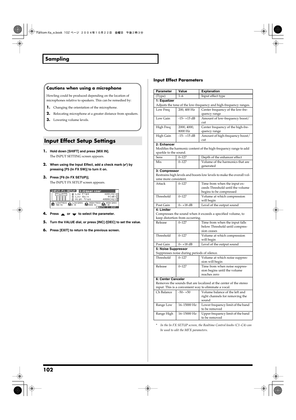 Input effect setup settings, Nal input source (p. 102), 102 sampling | Roland Fantom-Xa User Manual | Page 102 / 264