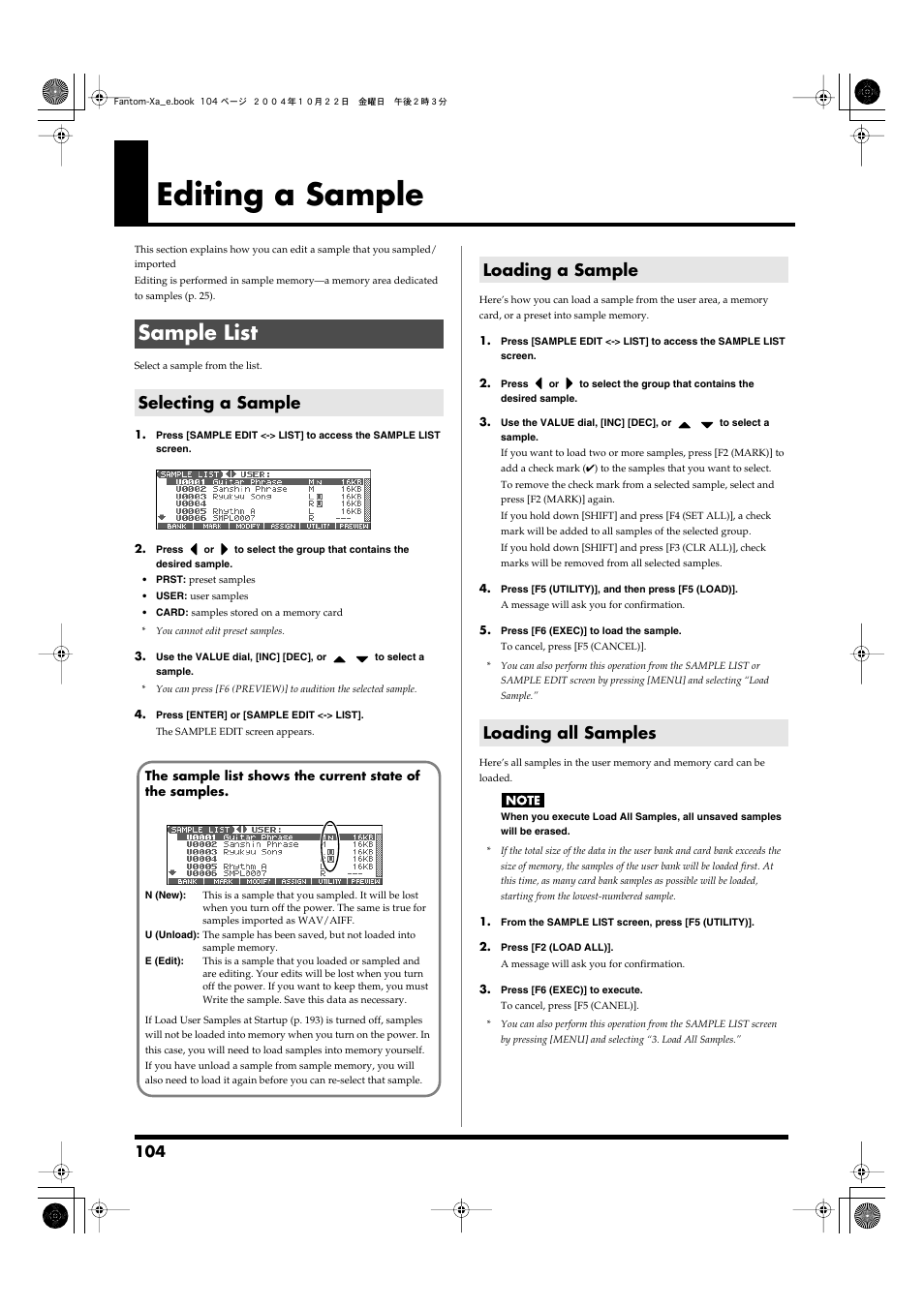 Editing a sample, Sample list, Selecting a sample | Loading a sample, Loading all samples, If you want to edit the sample, refer to p. 104, Loading a sample loading all samples | Roland Fantom-Xa User Manual | Page 104 / 264