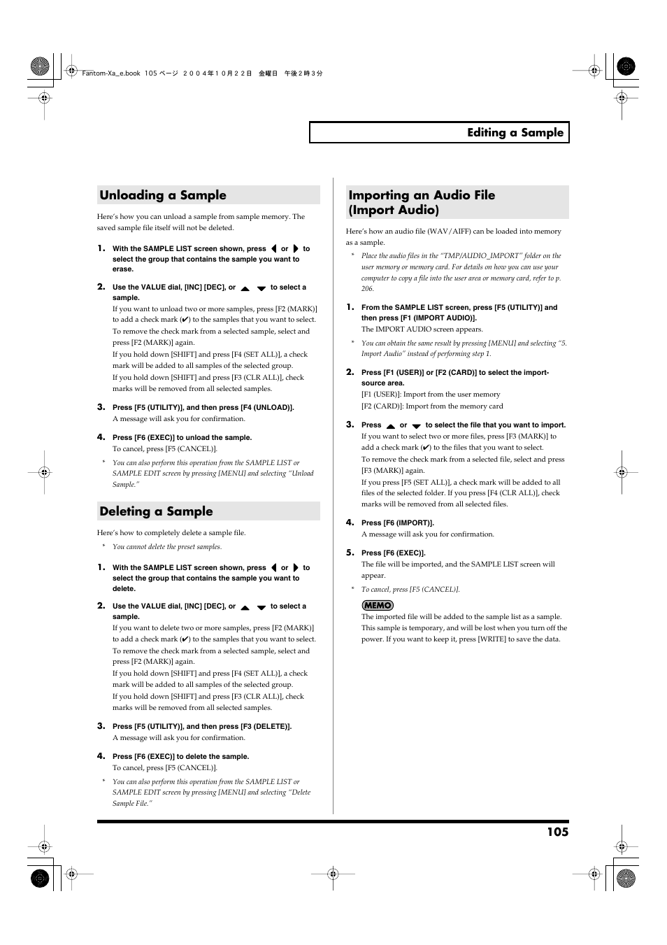 Unloading a sample, Deleting a sample, Importing an audio file (import audio) | 105 editing a sample | Roland Fantom-Xa User Manual | Page 105 / 264