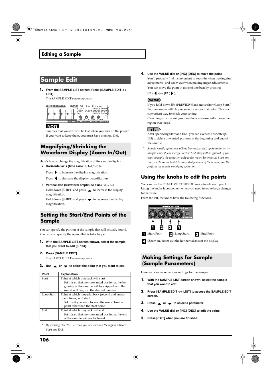 Sample edit, Setting the start/end points of the sample, Making settings for sample (sample parameters) | Using the knobs to edit the points, 106 editing a sample | Roland Fantom-Xa User Manual | Page 106 / 264