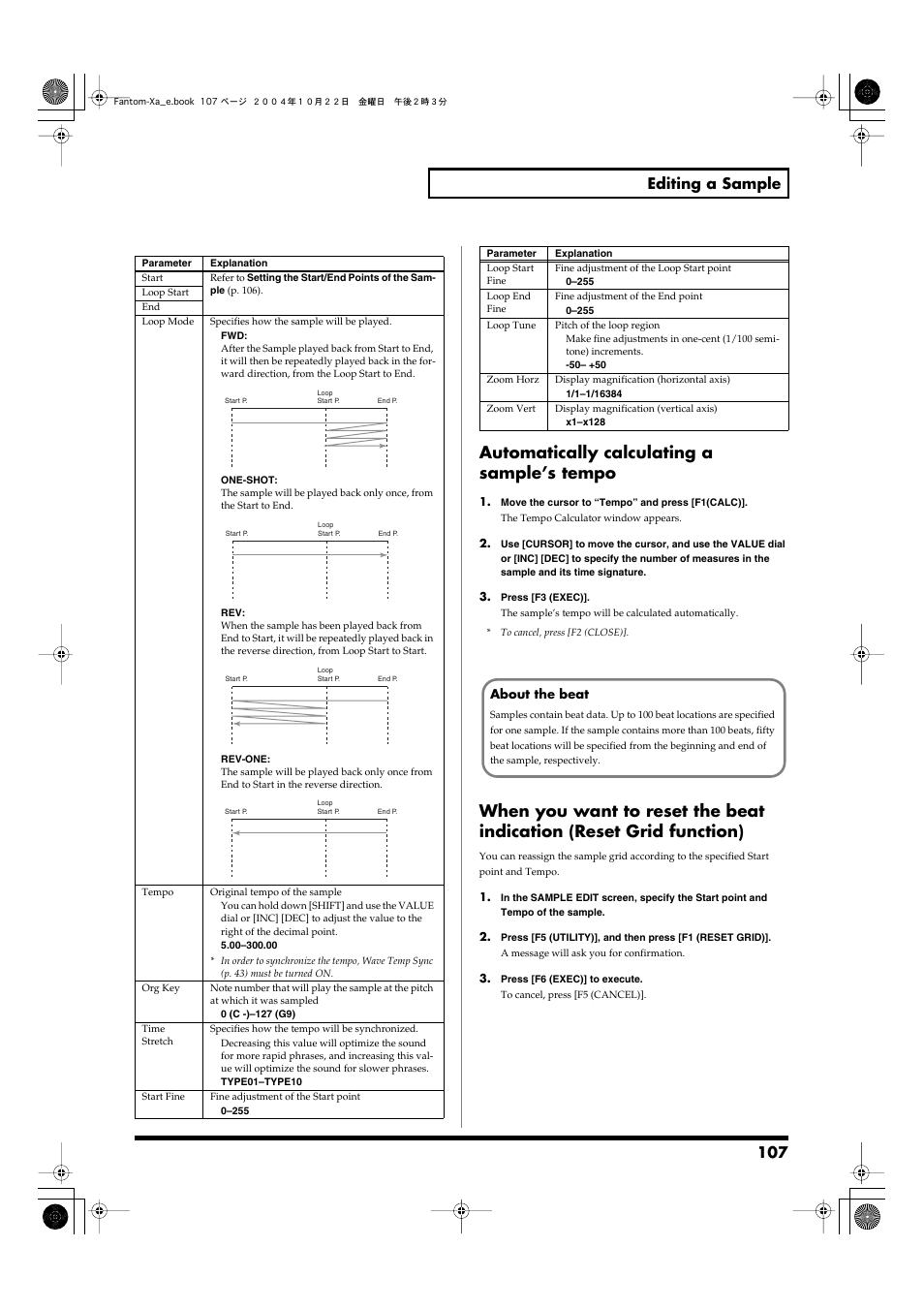 Automatically calculating a sample’s tempo, 107 editing a sample | Roland Fantom-Xa User Manual | Page 107 / 264