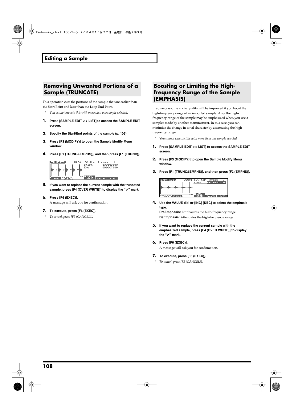 Removing unwanted portions of a sample (truncate), 108 editing a sample | Roland Fantom-Xa User Manual | Page 108 / 264