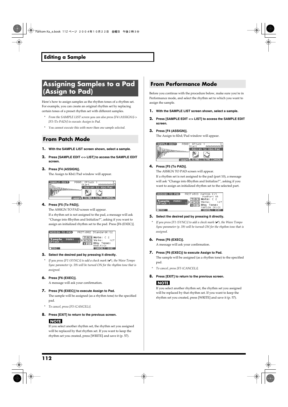 Assigning samples to a pad (assign to pad), From patch mode, From performance mode | 112 editing a sample | Roland Fantom-Xa User Manual | Page 112 / 264