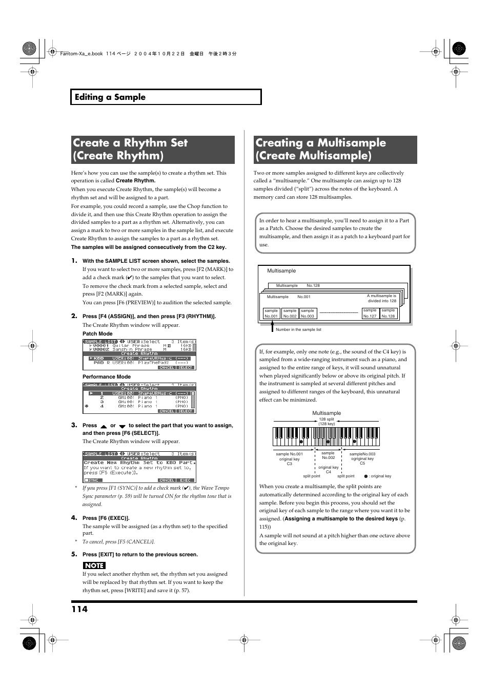 Create a rhythm set (create rhythm), Creating a multisample (create multisample), For the rest of the procedure, refer to p. 114 | 114 editing a sample | Roland Fantom-Xa User Manual | Page 114 / 264