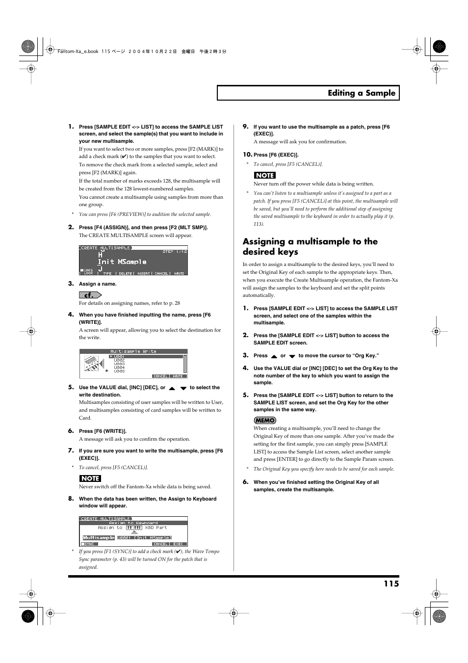 Assigning a multisample to the desired keys, 115 editing a sample | Roland Fantom-Xa User Manual | Page 115 / 264