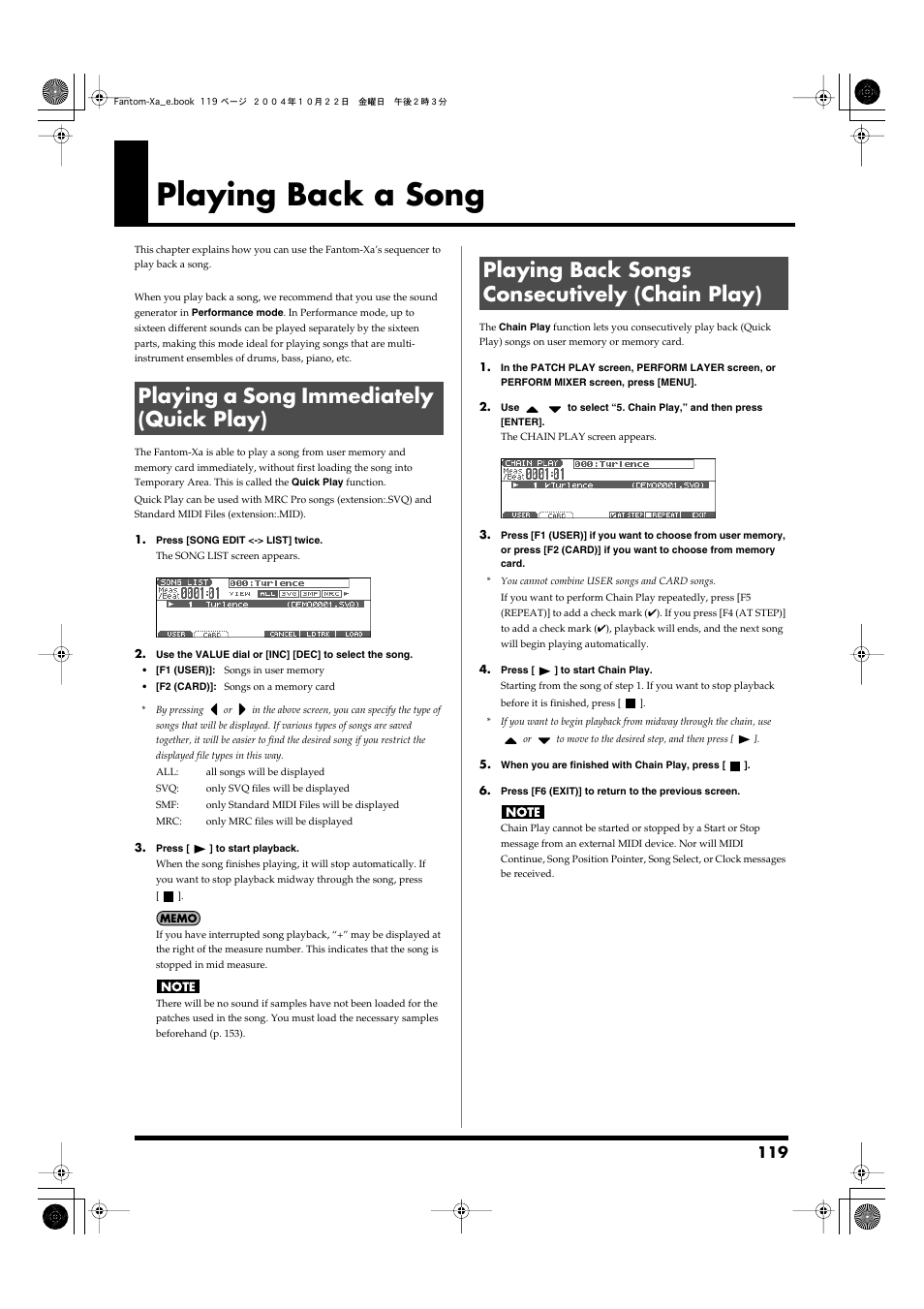 Playing back a song, Playing a song immediately (quick play), Playing back songs consecutively (chain play) | Make settings for song data and song edit (p. 119) | Roland Fantom-Xa User Manual | Page 119 / 264