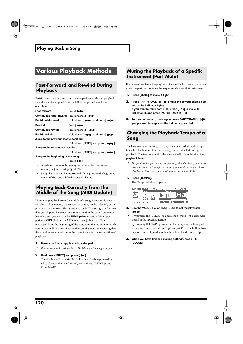 Various playback methods, Fast-forward and rewind during playback, Changing the playback tempo of a song | Sets the tempo (bpm) (p. 120, p. 123), Measure (p. 120), Perform midi update (p. 120), 120 playing back a song | Roland Fantom-Xa User Manual | Page 120 / 264