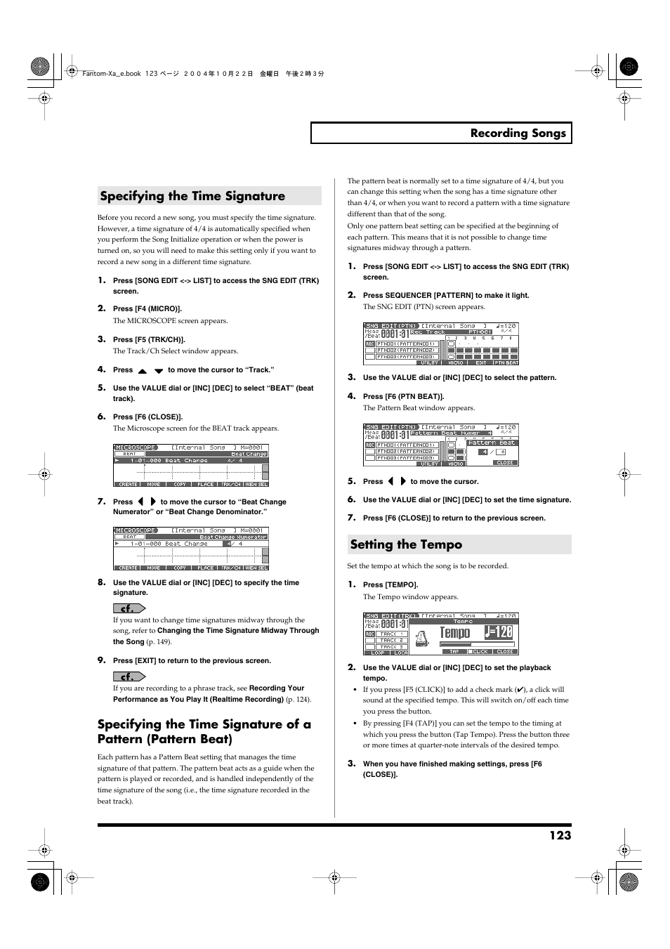 Specifying the time signature, Setting the tempo, Specify the time signature of the song (p. 123) | Set the tempo (p. 123), Specifying the time signature setting the tempo, 123 recording songs | Roland Fantom-Xa User Manual | Page 123 / 264