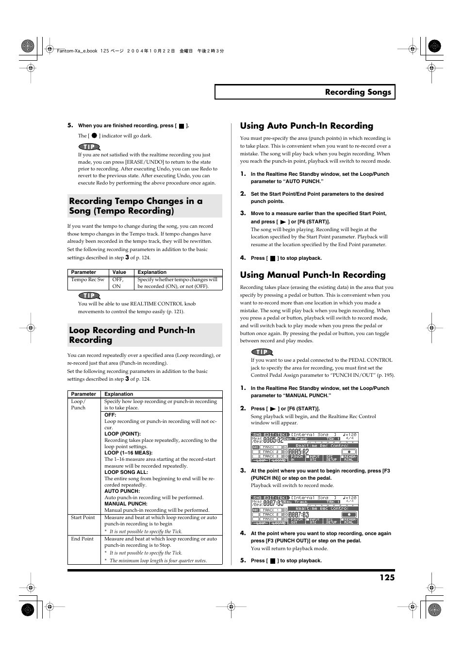 Loop recording and punch-in recording, Specifying the punch-in/out points (p. 125), Specifying the loop points (p. 125) | Using auto punch-in recording, Using manual punch-in recording, 125 recording songs | Roland Fantom-Xa User Manual | Page 125 / 264