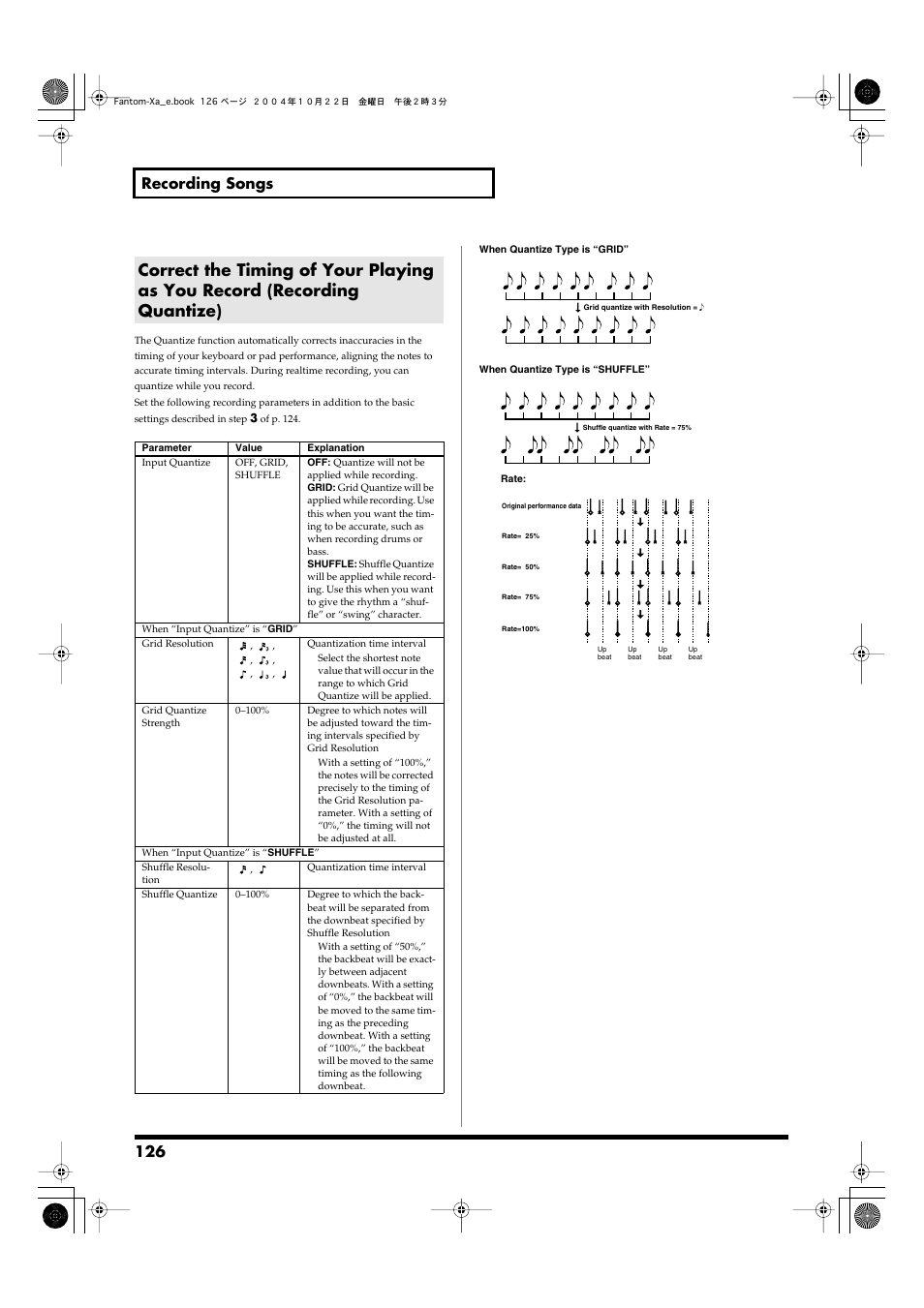 Quantize (p. 126), 126 recording songs | Roland Fantom-Xa User Manual | Page 126 / 264