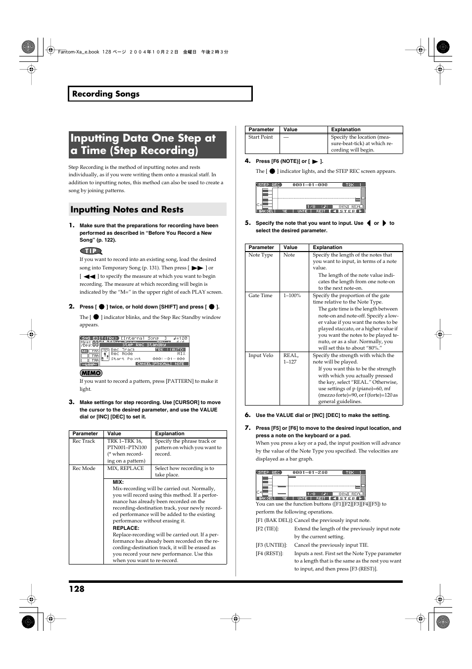 Inputting data one step at a time (step recording), Inputting notes and rests, Step recording (p. 128) | 128 recording songs | Roland Fantom-Xa User Manual | Page 128 / 264