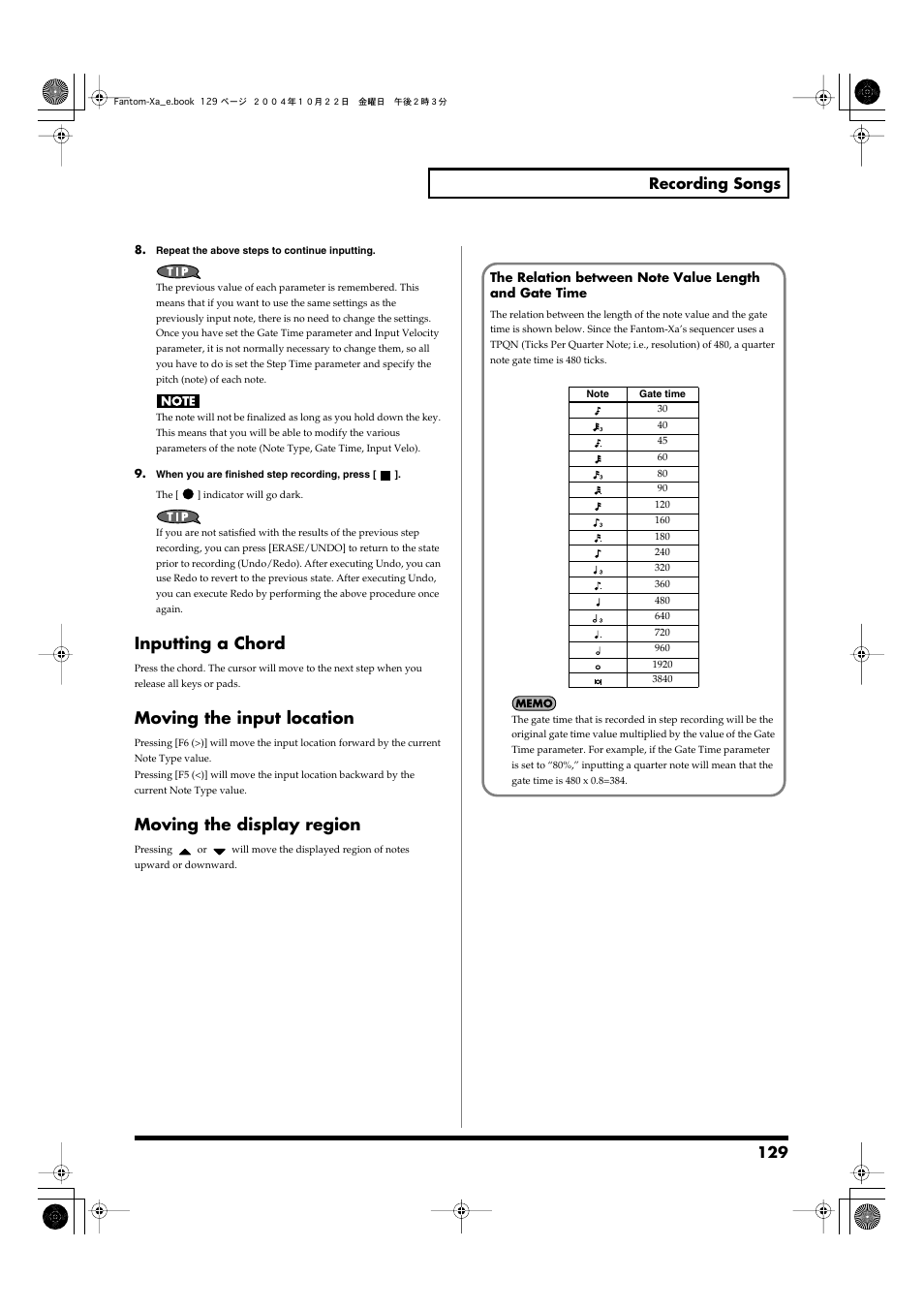 Inputting a chord, Moving the input location, Moving the display region | 129 recording songs | Roland Fantom-Xa User Manual | Page 129 / 264