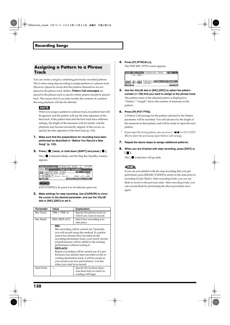 Assigning a pattern to a phrase track, 130 recording songs | Roland Fantom-Xa User Manual | Page 130 / 264