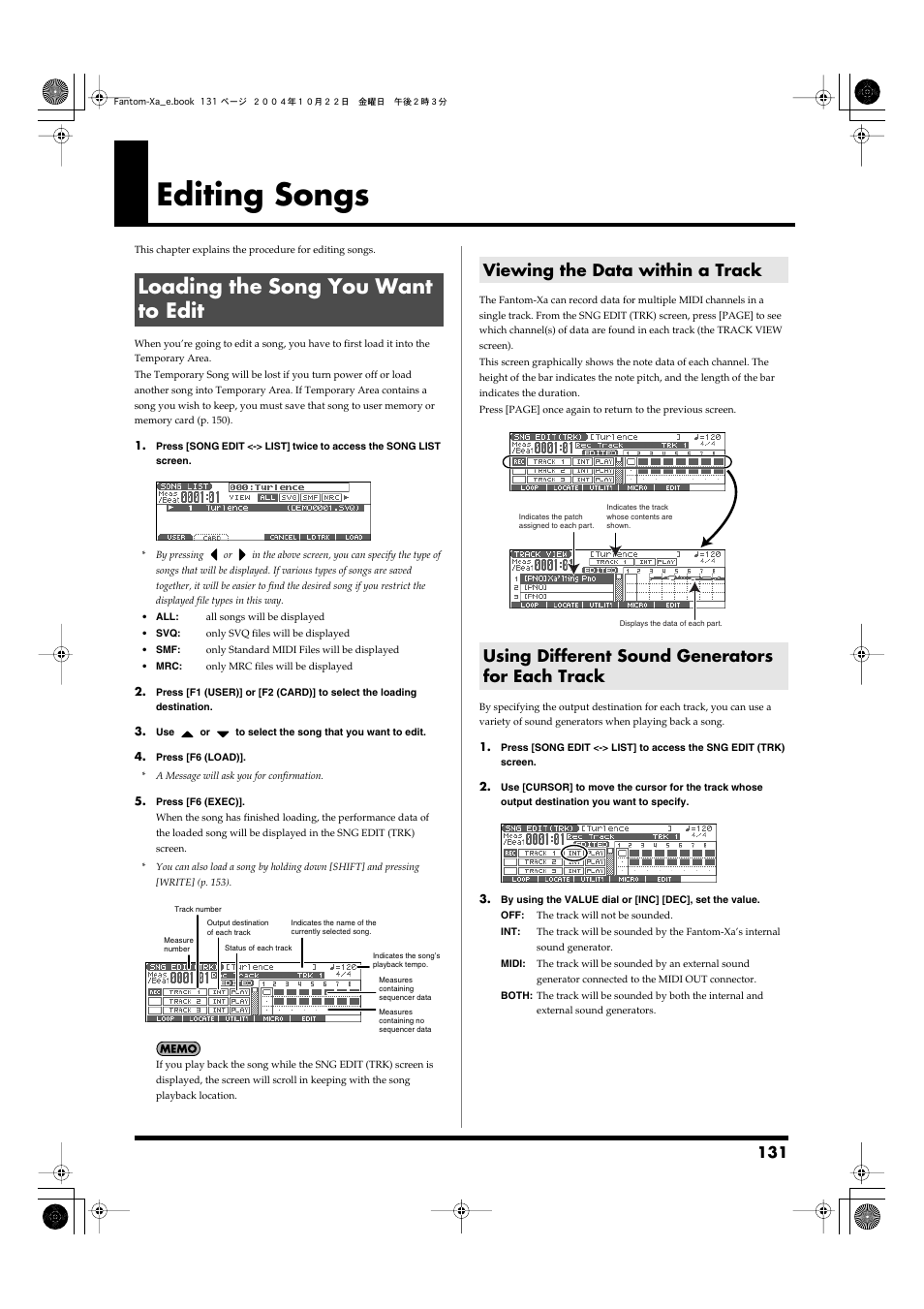 Editing songs, Loading the song you want to edit, Viewing the data within a track | Using different sound generators for each track, Song into temporary song (p. 131). then press | Roland Fantom-Xa User Manual | Page 131 / 264