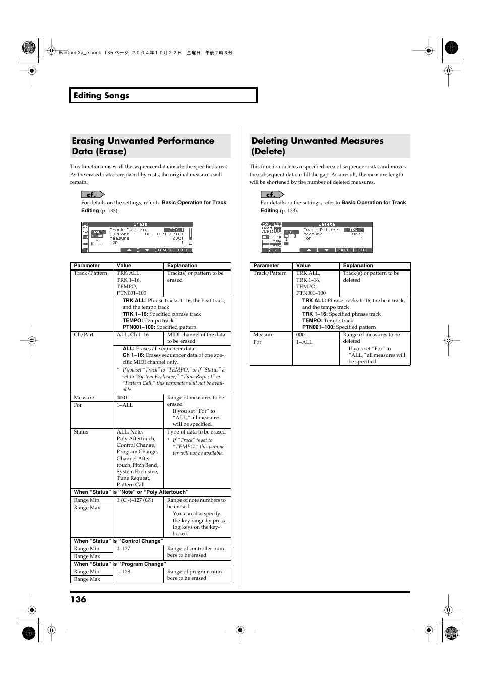 Erasing unwanted performance data (erase), Deleting unwanted measures (delete), Erase (p. 136) | Delete (p. 136), 136 editing songs | Roland Fantom-Xa User Manual | Page 136 / 264