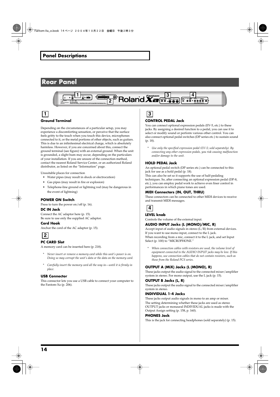 Rear panel, 14 panel descriptions | Roland Fantom-Xa User Manual | Page 14 / 264