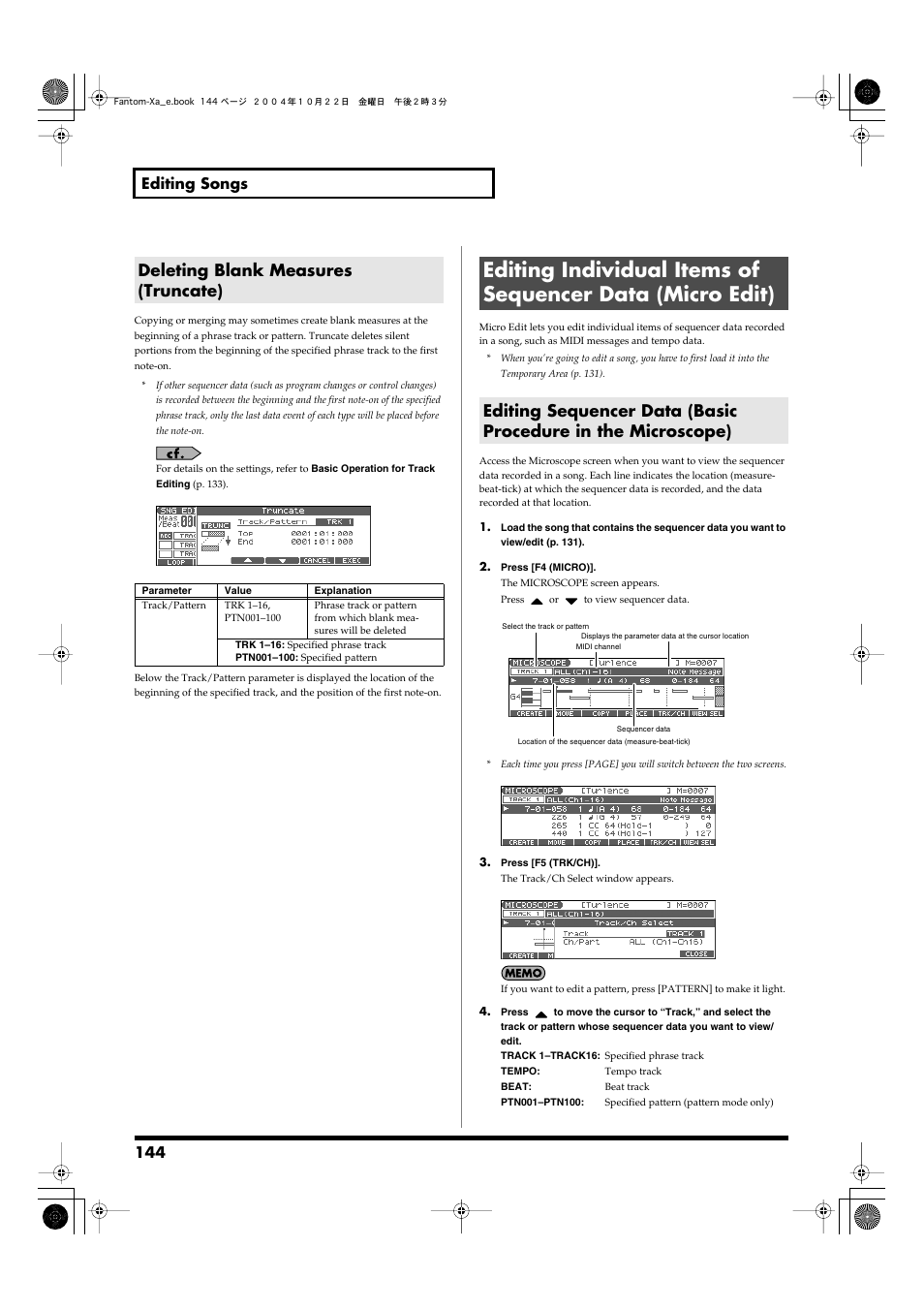Deleting blank measures (truncate), Truncate (p. 144), 144 editing songs | Roland Fantom-Xa User Manual | Page 144 / 264